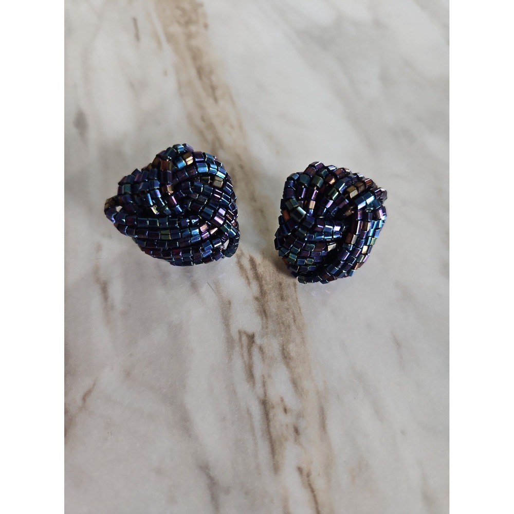 Czech Iridescent Glass Seed Bugle Bead Knot Stud Pierced Earrings